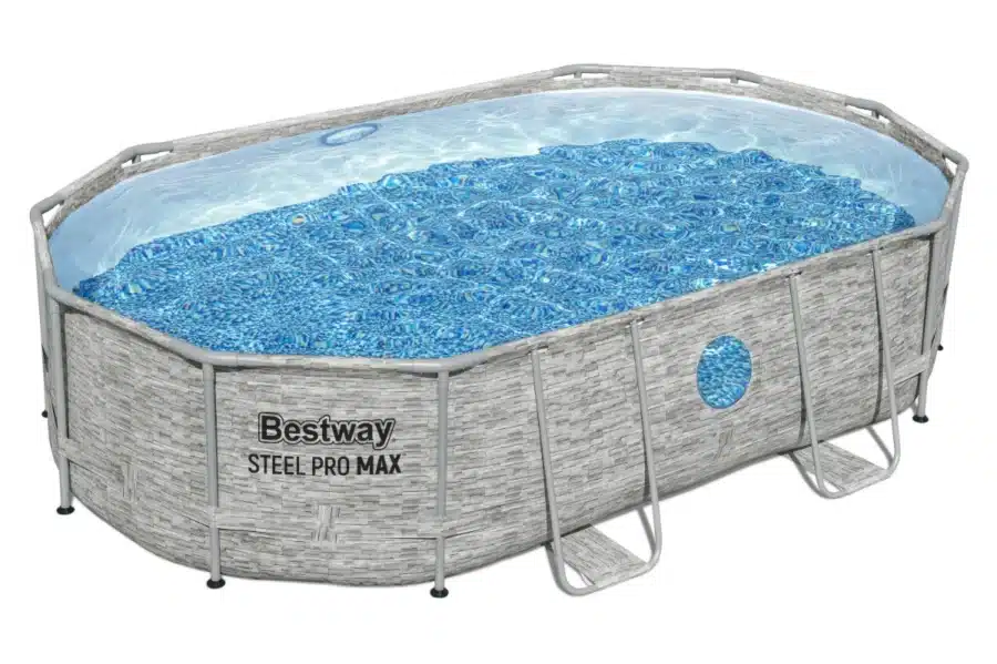 בריכה אובלית Bestway Steel Pro Max עם דופן אפורה במראה אבן וחלון צד | 3in100