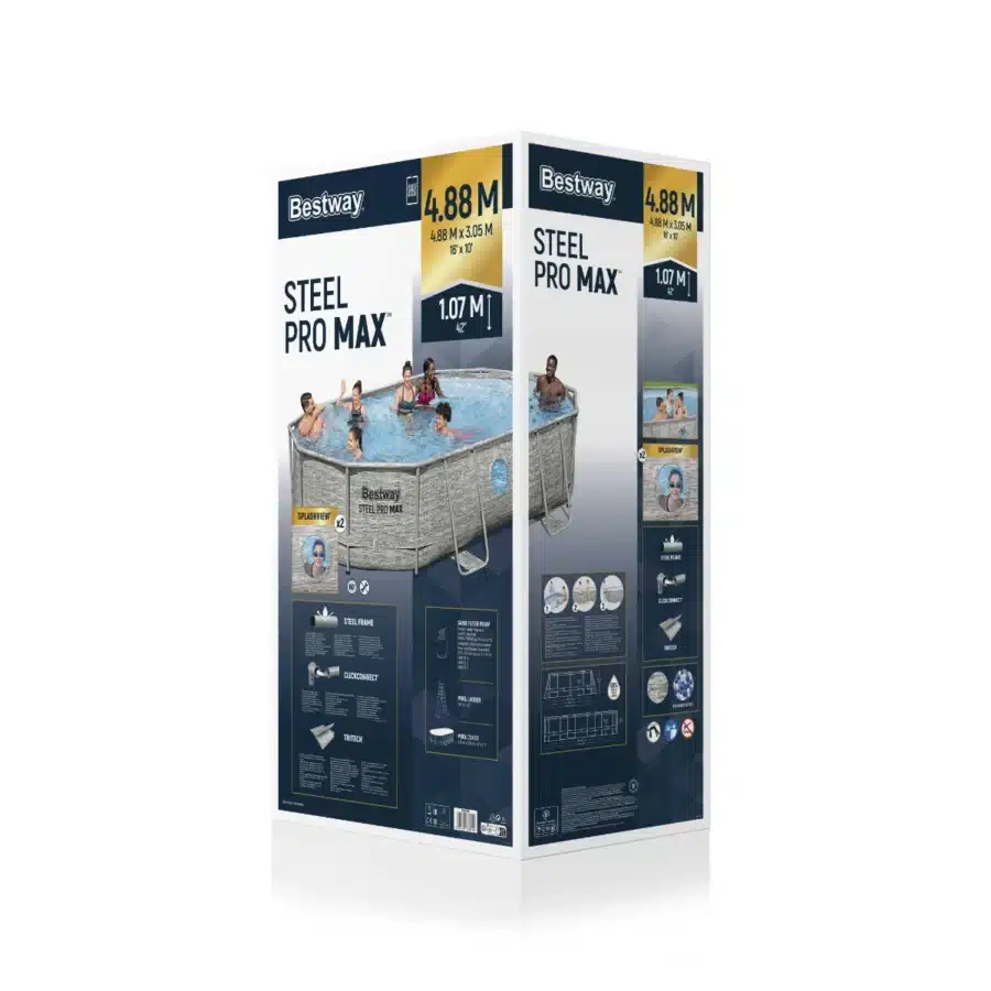 אריזת מוצר של Bestway Steel Pro Max בריכה אובלית במידות 4.88×3.05×1.07 מ׳ | 3in100