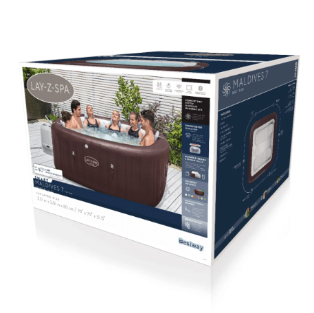 קופסת מוצר של Bestway Lay-Z-Spa Maldives ג'קוזי מתנפח עם תמונת אנשים בתוך הג'קוזי | 3in100