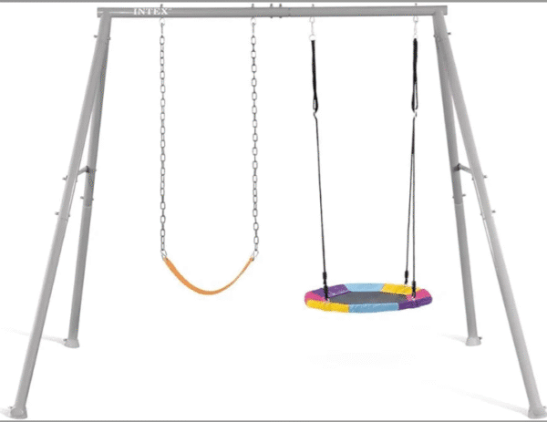 סט נדנדות לחצר עם מסגרת מתכת, נדנדת מושב גמיש ונדנדת צלחת עגולה צבעונית | 3in100