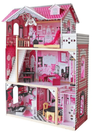 בית בובות מעץ ורוד עם שלוש קומות וחדרים מרוהטים, גג משופע וחזית פתוחה | 3in100