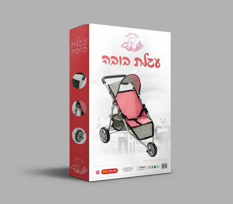 עגלת בובה מתקפלת עם שימשייה - אריזת מוצר | 3in100 אריזת עגלת בובה מתקפלת עם שימשייה בצבע ורוד | 3in100